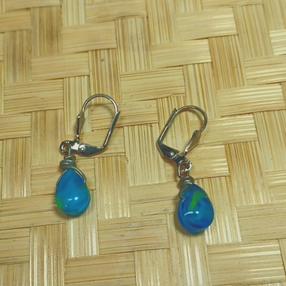 HandMade Blue Glass Tear Drop Silver Earrings - Picture 3 of 4